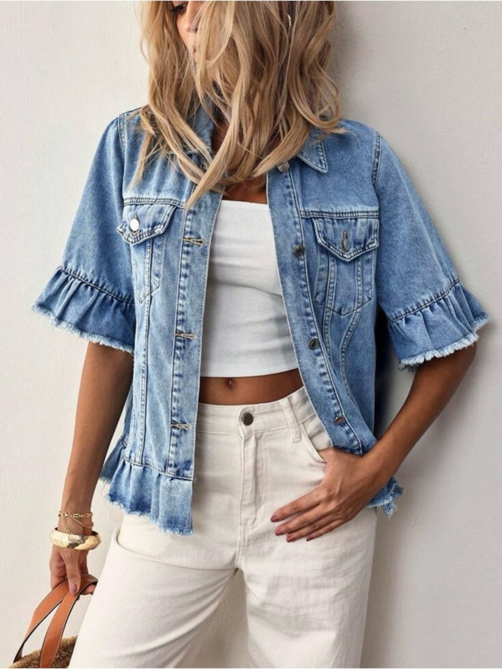 SHEIN Light Blue Ruffle Sleeve Denim Jacket